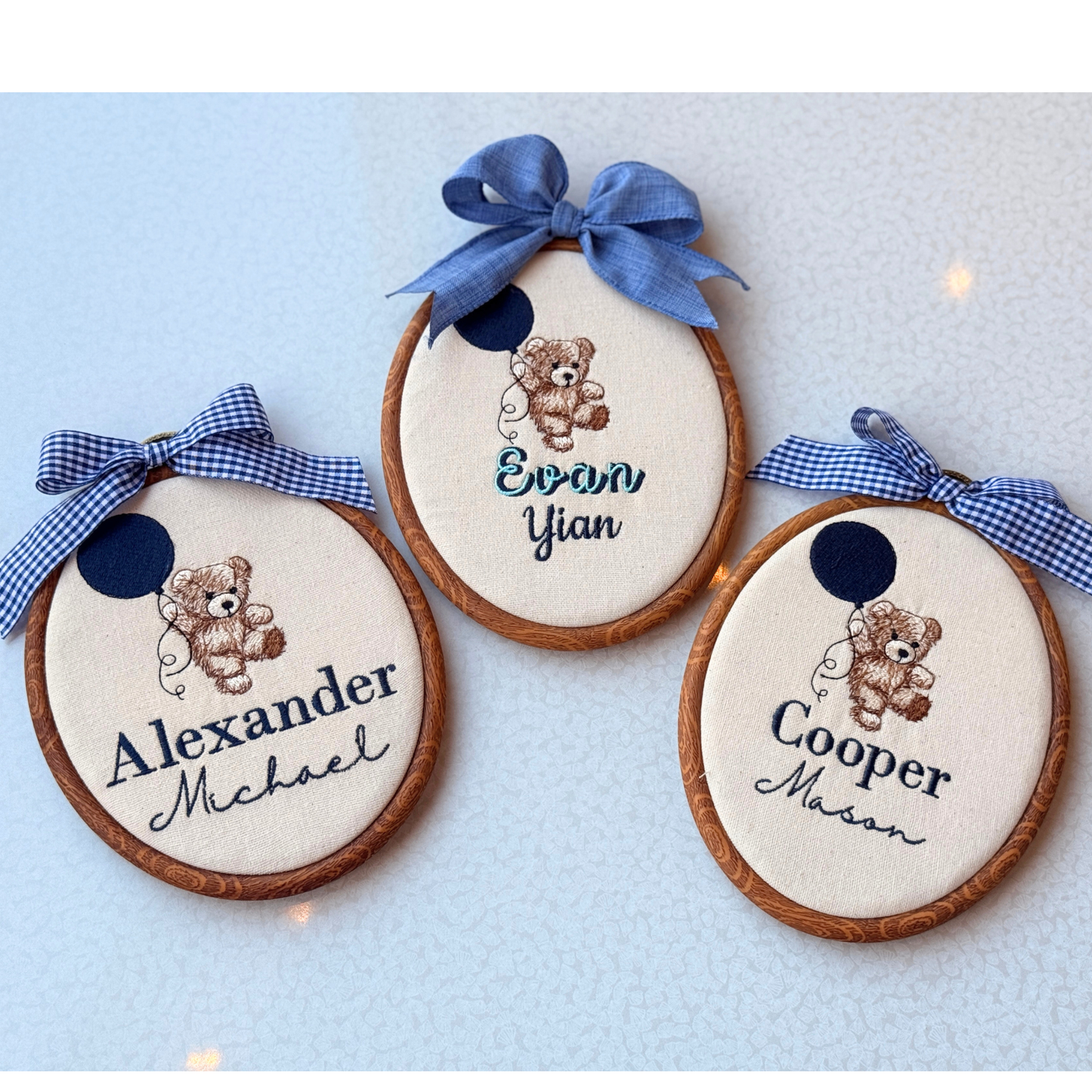 Personalized Baby Name Sign Embroidered Oval Hoop with Teddy Bear Holding a Balloon