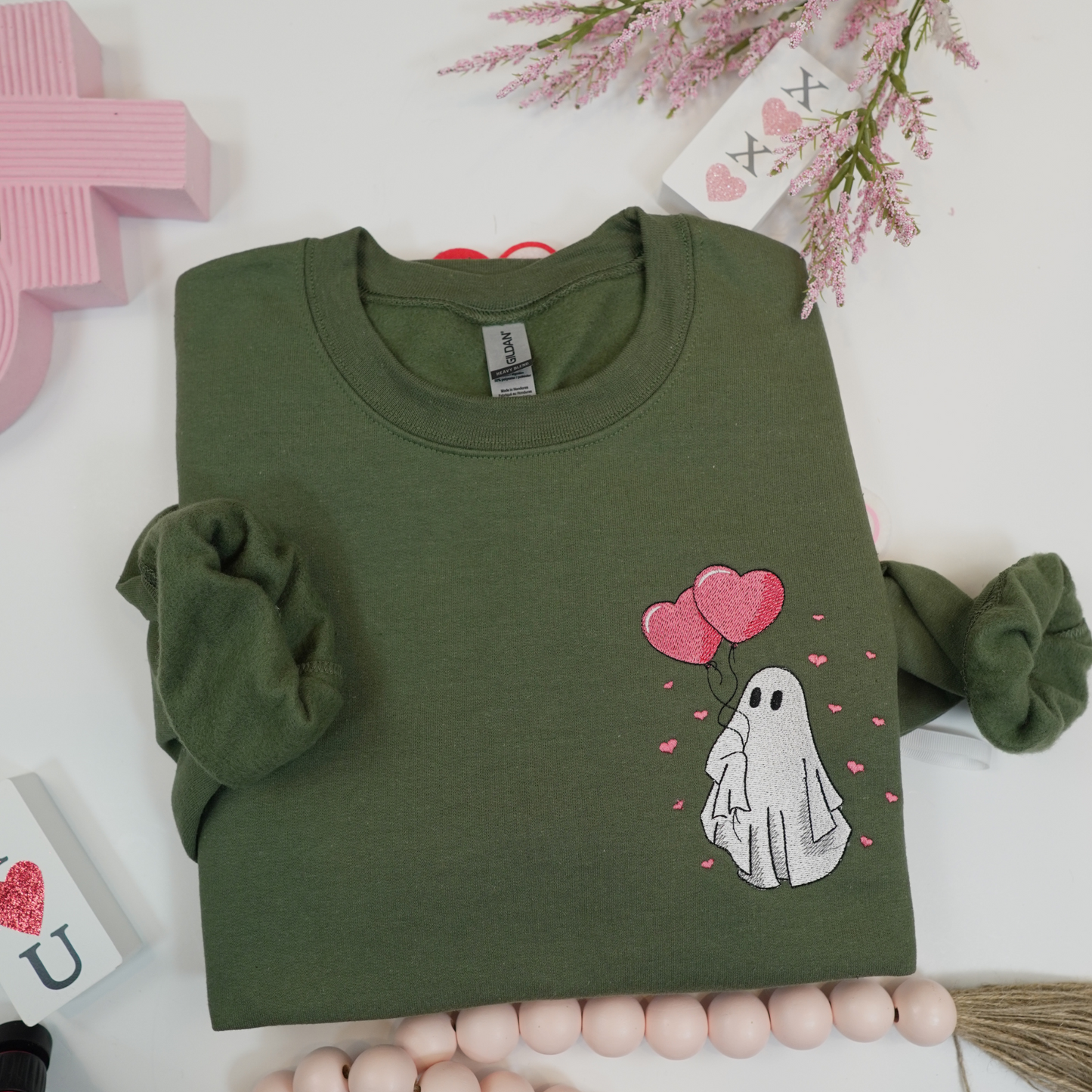 Embroidered Ghost Valentines Hearts  Crewneck Sweatshirt