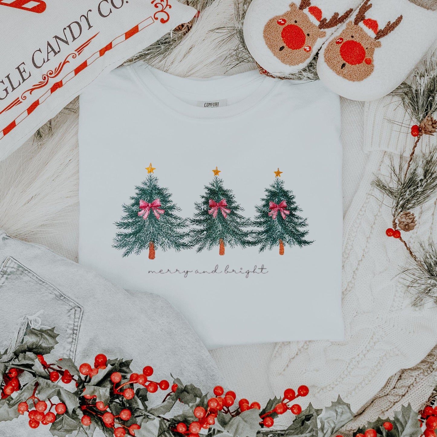 Embroidered Christmas Tree T-shirt: Merry & Bright Holiday Crewneck