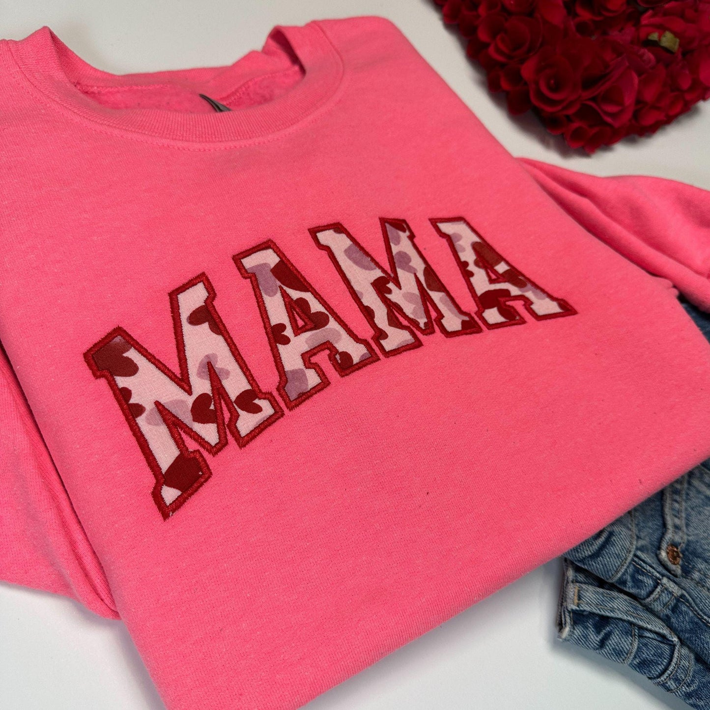 Embroidered Mama Heart Sweatshirt, Custom Appliqué Crewneck Pullover