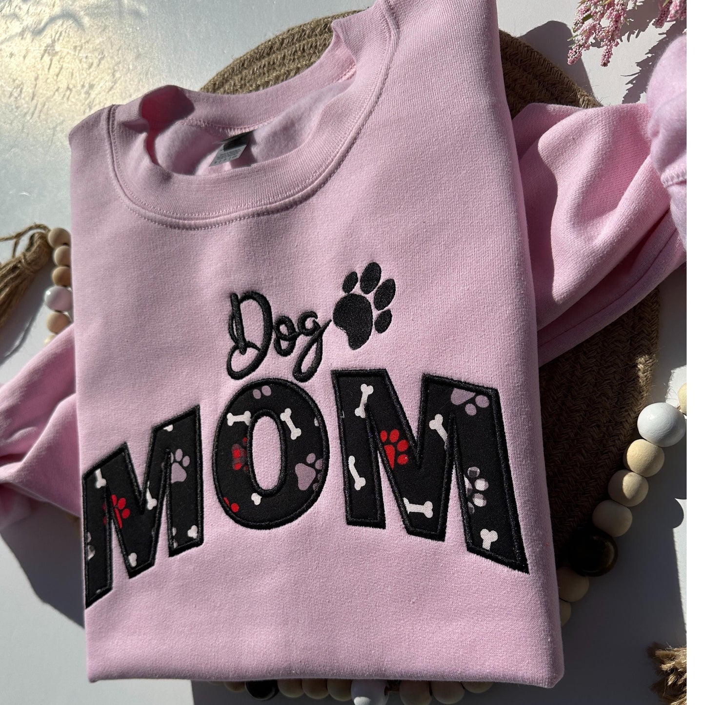 Dog Mom Embroidered Applique Crewneck Sweatshirt With Paw and Bone Stitch