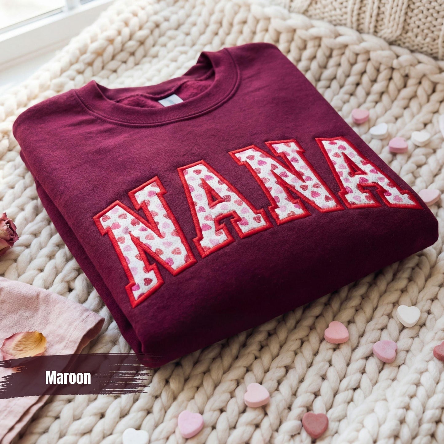 Custom Embroidered Mama Heart Sweatshirt, Personalized Kids Names Sleeve