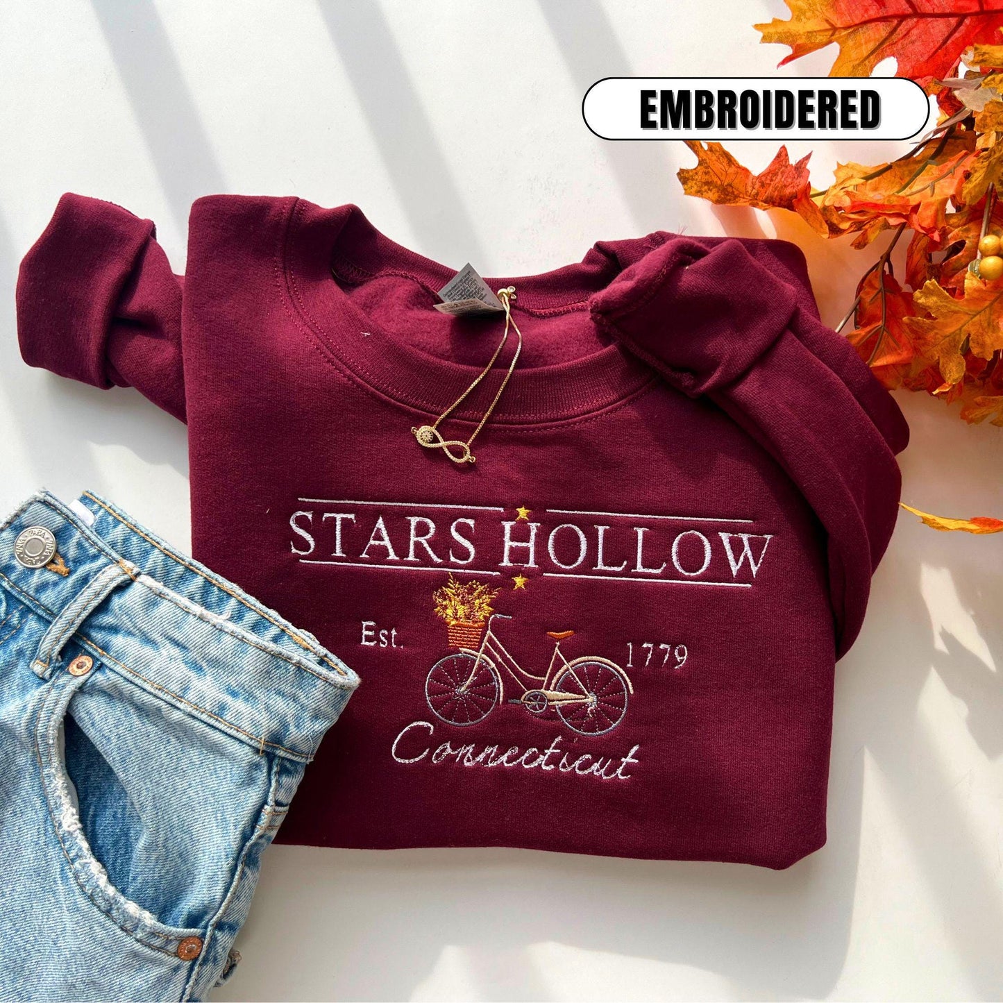 Embroidered Stars Hollow Connecticut Crewneck Sweatshirt Fall Gilmore Fans Gift Bike and Flower Edition Unisex