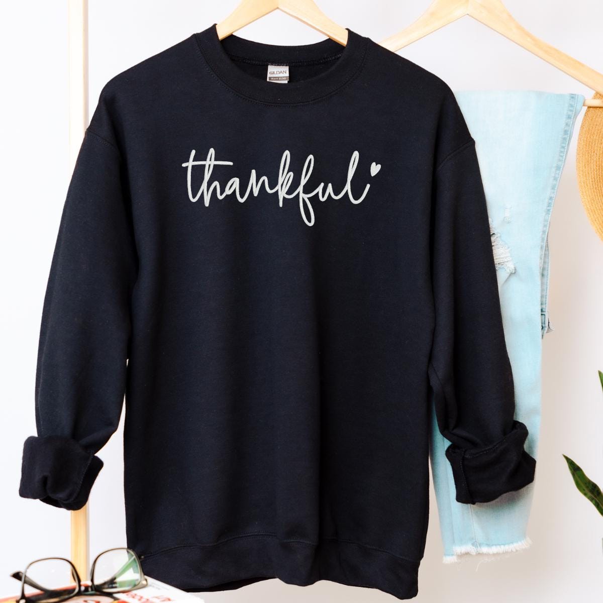 Embroidered Thankful Sweatshirt Personalize Script text Group scriptures Appreciation Gift