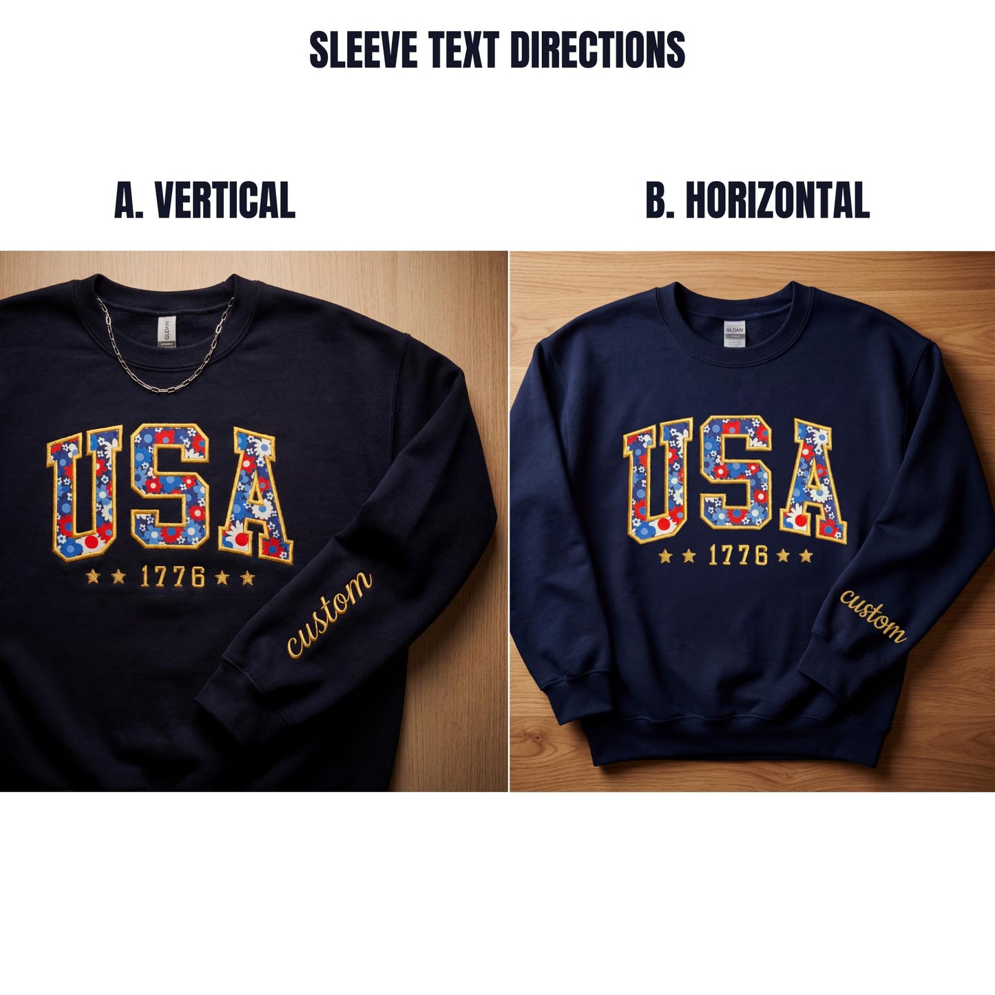 Custom USA Floral Varsity Embroidered Crewneck Sweatshirt – 4th of July USA flag patriotic shirtq
