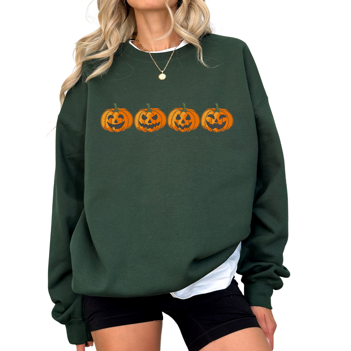 Embroidered Pumpkin Face Fall Halloween Sweatshirt – Cozy Autumn Crewneck for Women & Men
