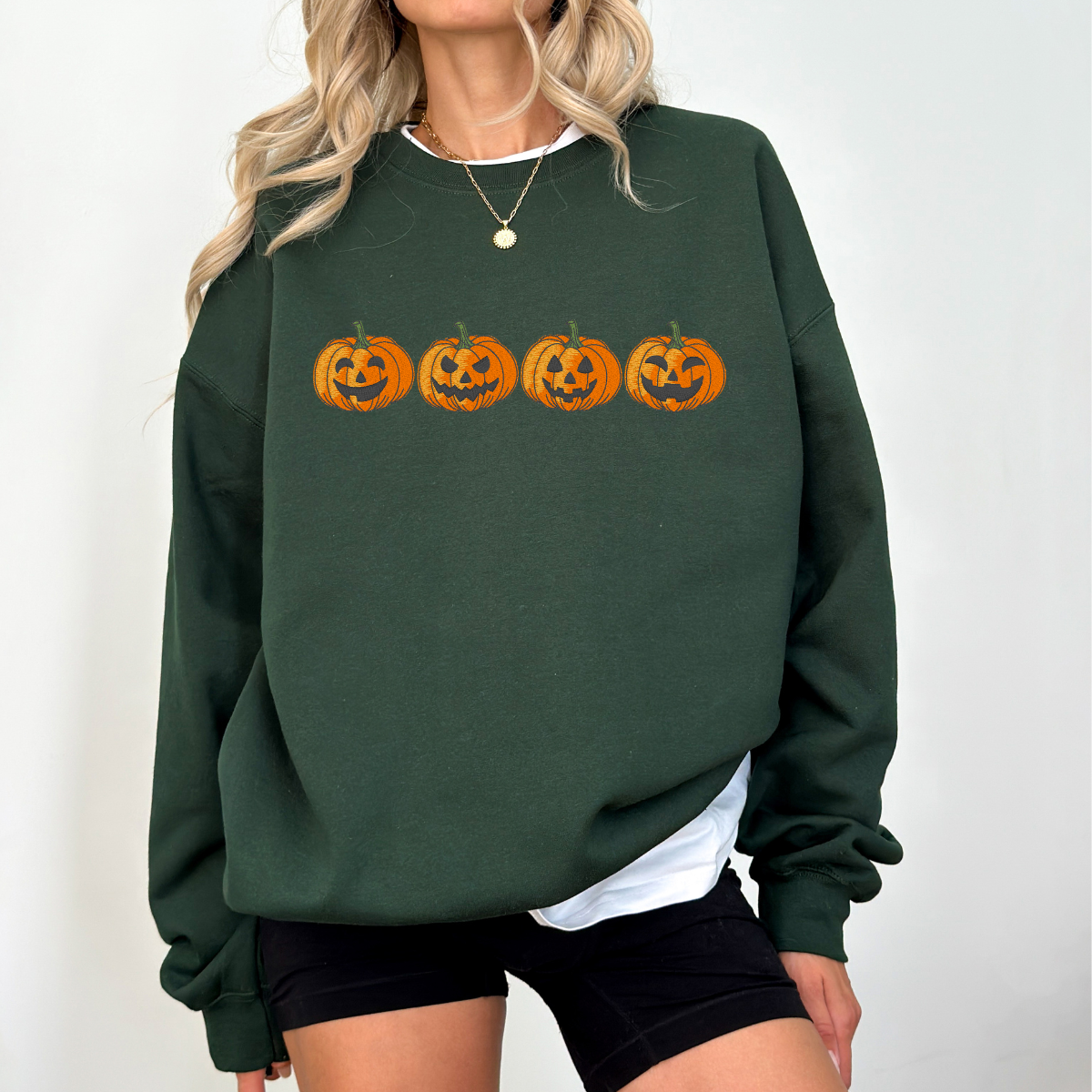 Embroidered Pumpkin Face Fall Halloween Sweatshirt – Cozy Autumn Crewneck for Women & Men