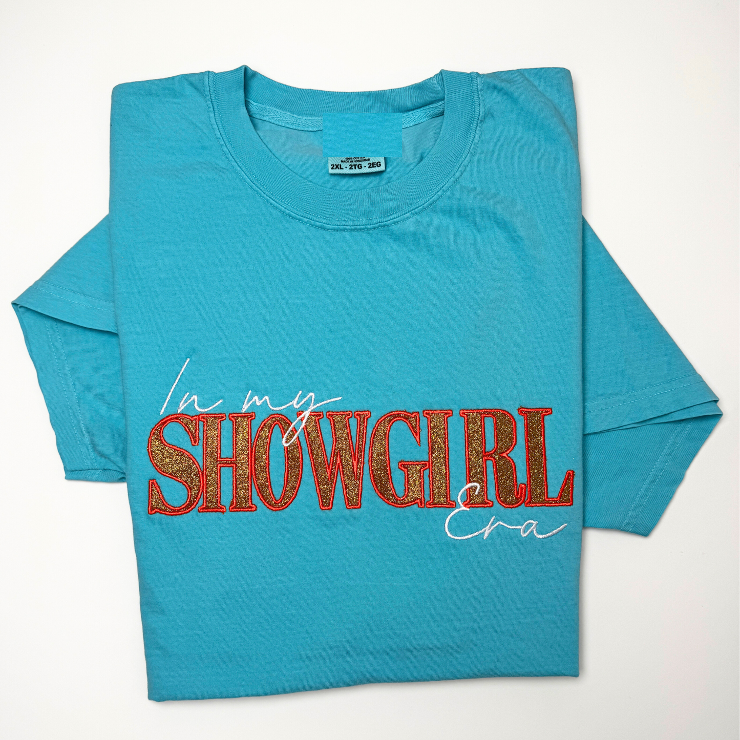 Embroidered In My Show girl Era Glittered T-Shirt, Retro Showgirl Glitter Text Embroidery, Preppy Unisex Show Girl Era Tee, Trendy Concert Crewneck Comfort Color