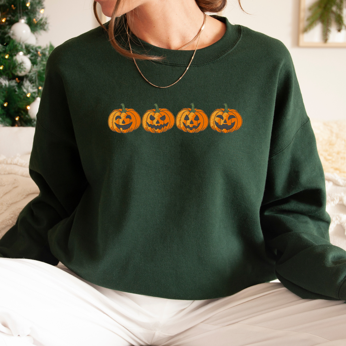 Embroidered Pumpkin Face Fall Halloween Sweatshirt – Cozy Autumn Crewneck for Women & Men