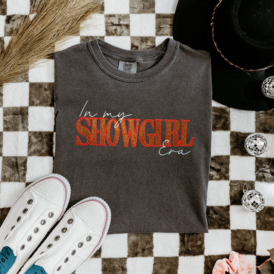 Embroidered In My Show girl Era Glittered T-Shirt, Retro Showgirl Glitter Text Embroidery, Preppy Unisex Show Girl Era Tee, Trendy Concert Crewneck Comfort Color