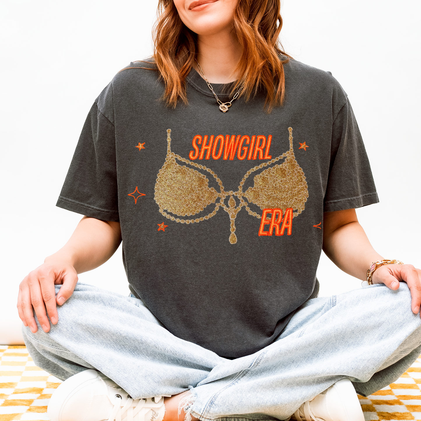 Embroidered Show girl Era Concert Crewneck T-Shirt | Comfort Color Tee with Glitter Applique | Vintage-Inspired Unisex Graphic Top (Gold Glitter,Silver Glitter)