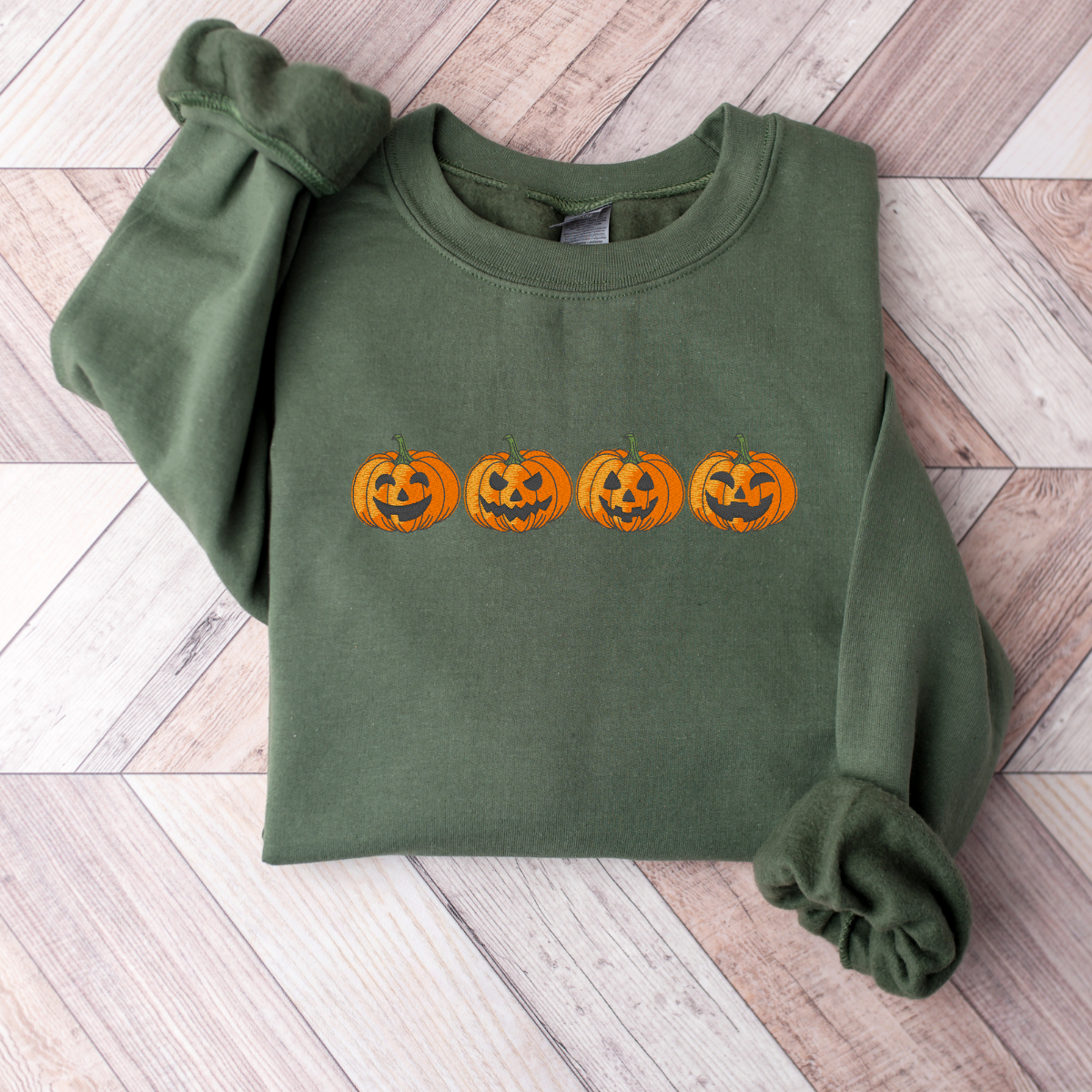 Embroidered Pumpkin Face Fall Halloween Sweatshirt – Cozy Autumn Crewneck for Women & Men