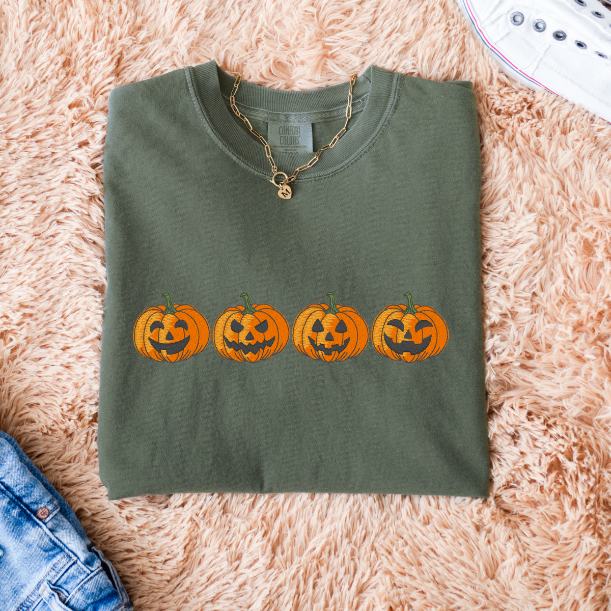 Embroidered Pumpkin Face Fall Halloween Sweatshirt – Cozy Autumn Crewneck for Women & Men