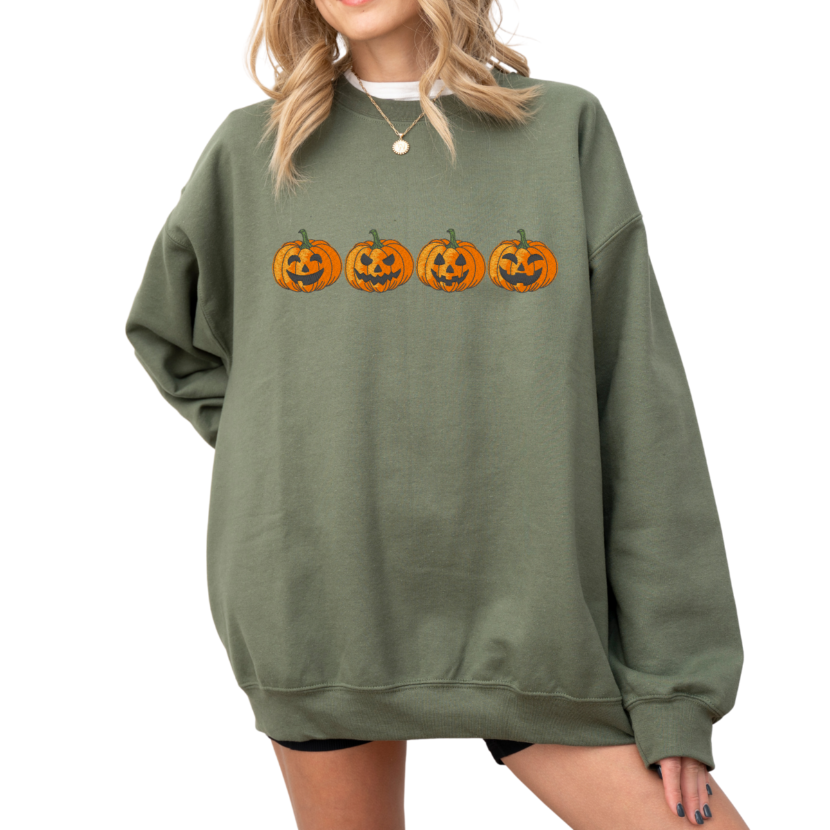 Embroidered Pumpkin Face Fall Halloween Sweatshirt – Cozy Autumn Crewneck for Women & Men