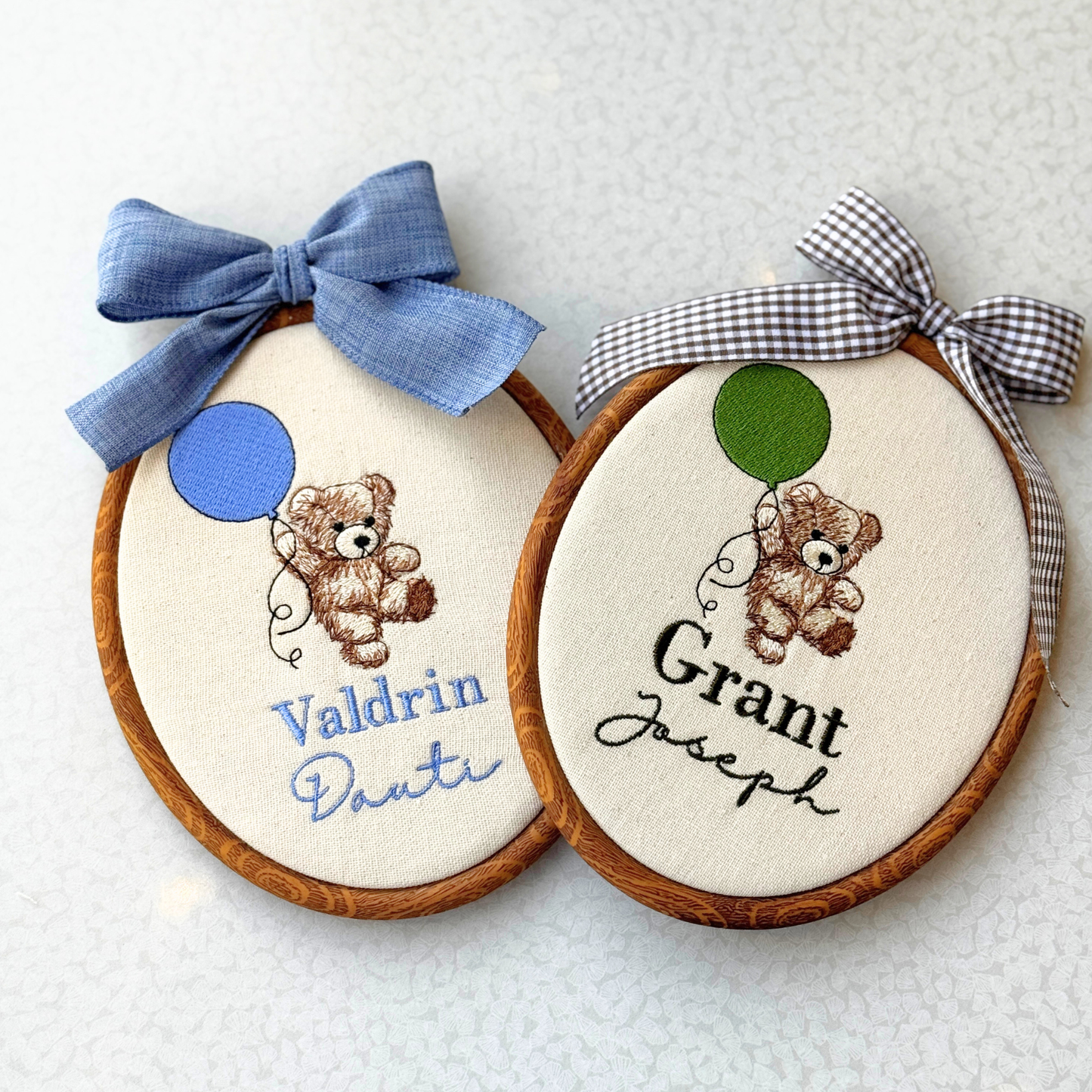 Personalized Baby Name Sign Embroidered Oval Hoop with Teddy Bear Holding a Balloon