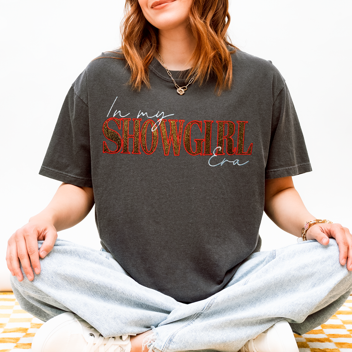 Embroidered In My Show girl Era Glittered T-Shirt, Retro Showgirl Glitter Text Embroidery, Preppy Unisex Show Girl Era Tee, Trendy Concert Crewneck Comfort Color