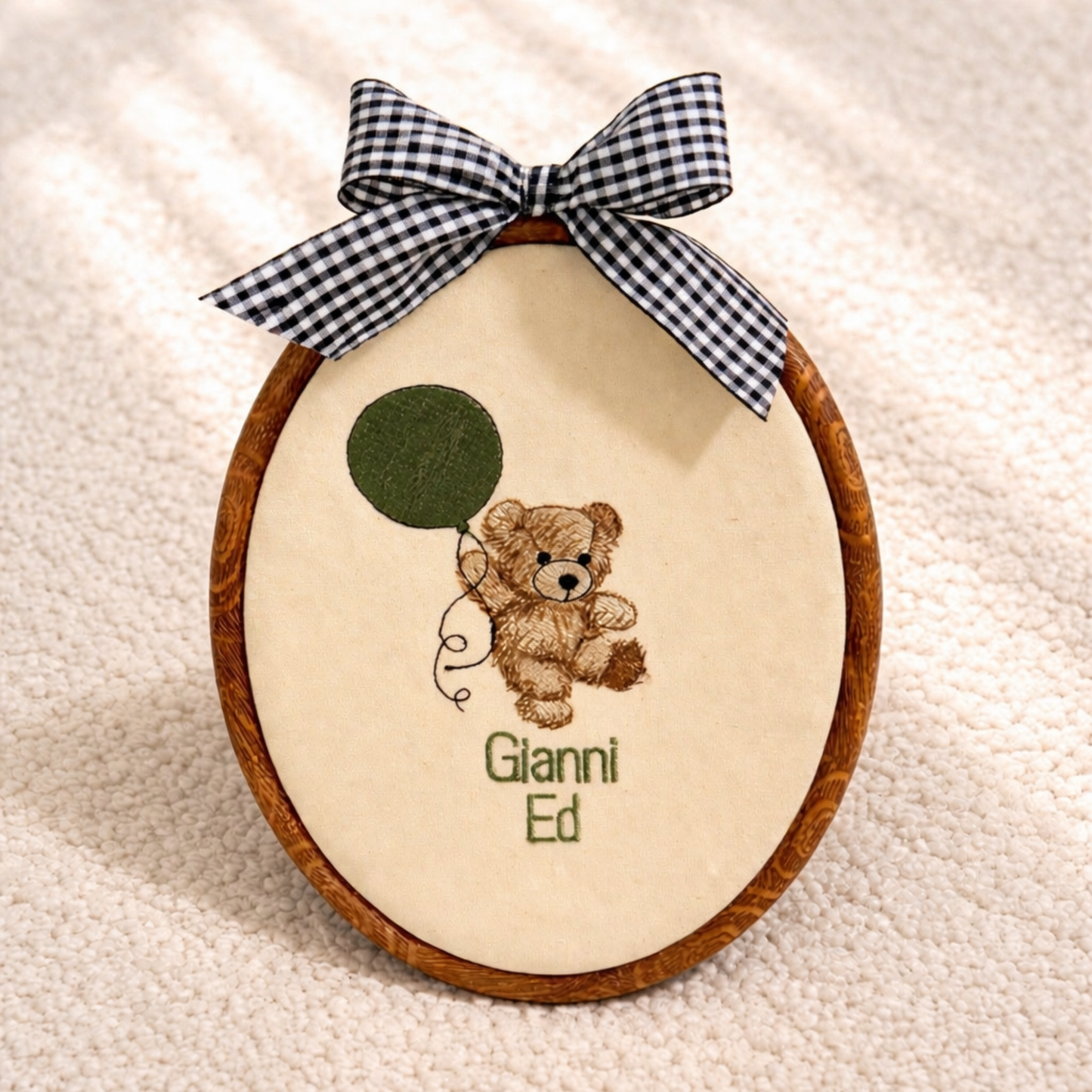 Personalized Baby Name Sign Embroidered Oval Hoop with Teddy Bear Holding a Balloon