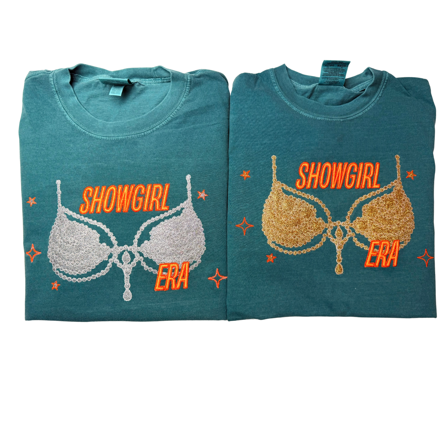 Embroidered Show girl Era Concert Crewneck T-Shirt | Comfort Color Tee with Glitter Applique | Vintage-Inspired Unisex Graphic Top (Gold Glitter,Silver Glitter)