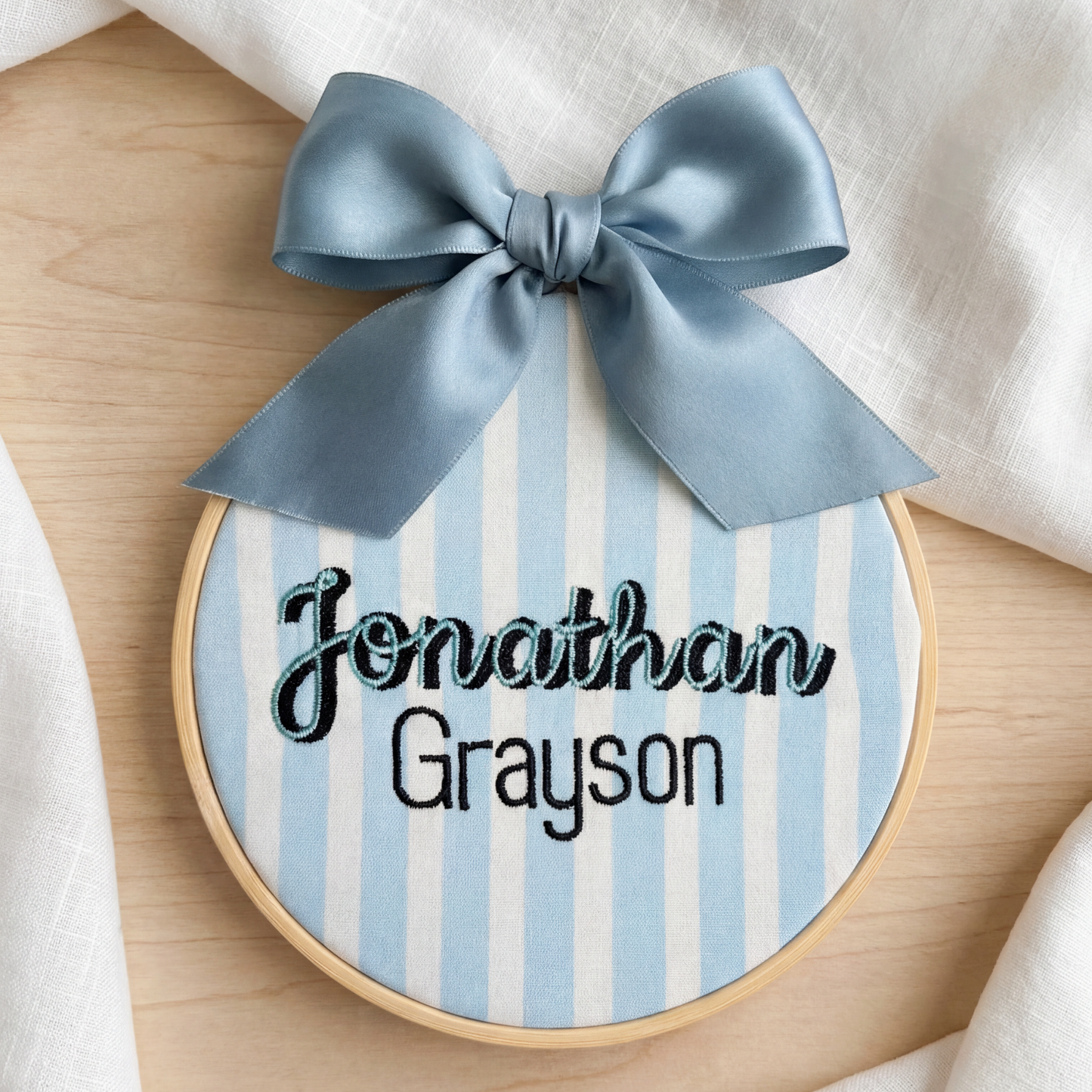 Baby Name Announcement Sign Embroidered | Baby Boy Stripe Arrival Hoop | Custom Newborn Name Sign | Nursery Decor Door Hanger