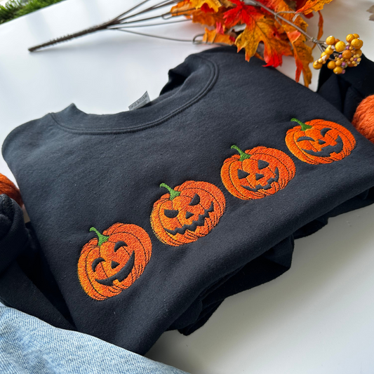 Embroidered Pumpkin Face Fall Halloween Sweatshirt – Cozy Autumn Crewneck for Women & Men