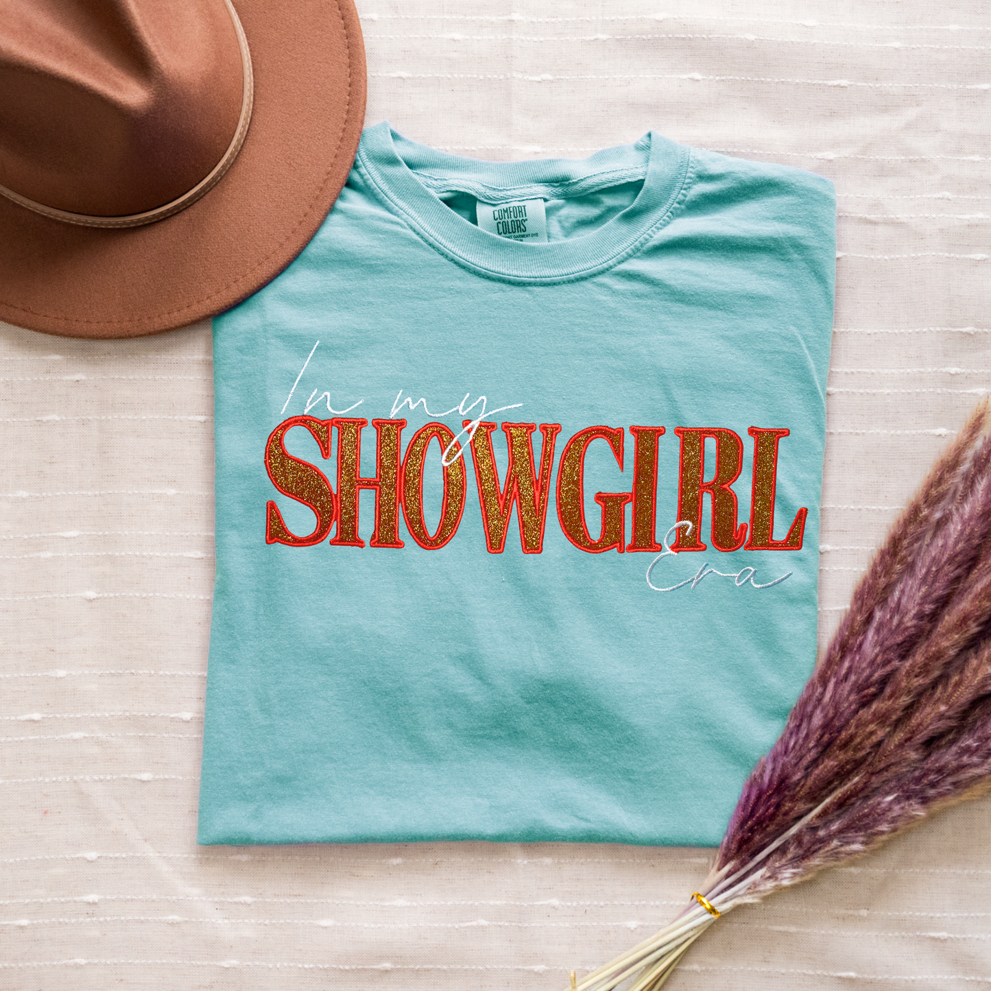 Embroidered In My Show girl Era Glittered T-Shirt, Retro Showgirl Glitter Text Embroidery, Preppy Unisex Show Girl Era Tee, Trendy Concert Crewneck Comfort Color