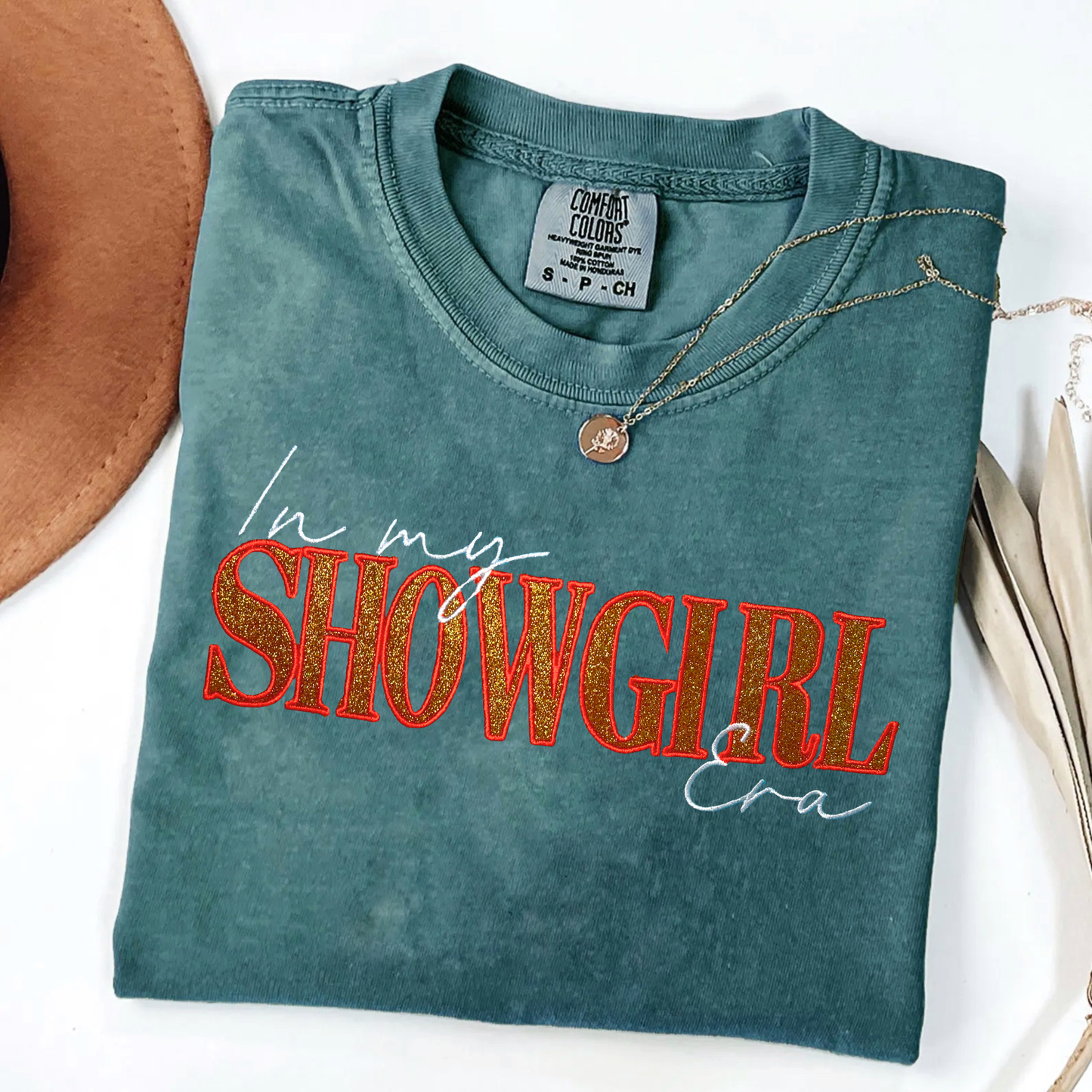 Embroidered In My Show girl Era Glittered T-Shirt, Retro Showgirl Glitter Text Embroidery, Preppy Unisex Show Girl Era Tee, Trendy Concert Crewneck Comfort Color
