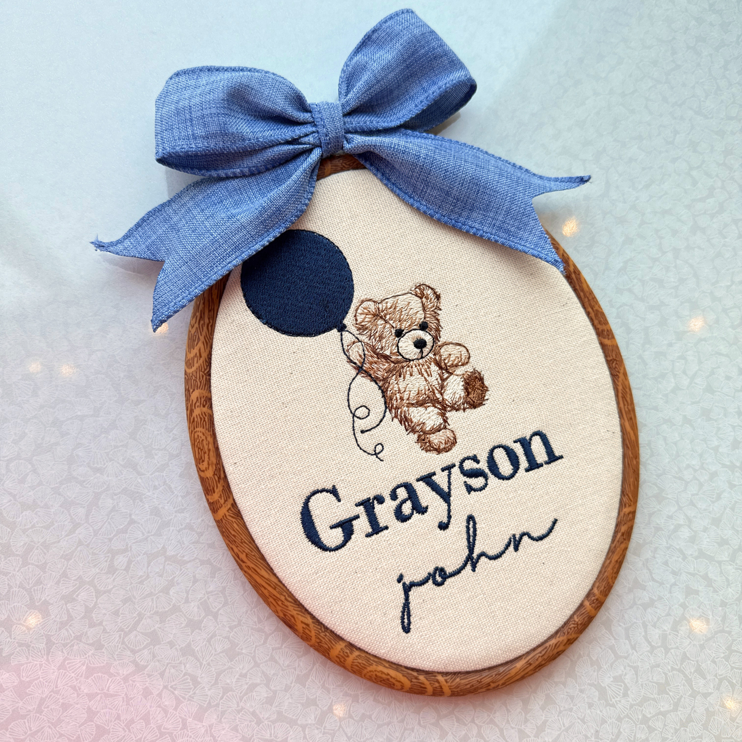 Personalized Baby Name Sign Embroidered Oval Hoop with Teddy Bear Holding a Balloon