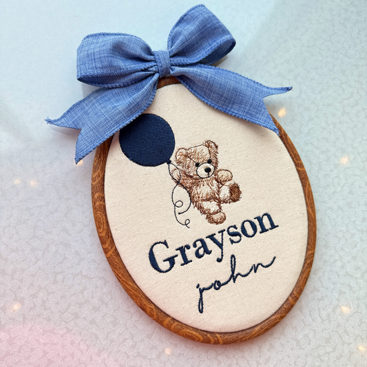 Personalized Baby Name Sign Embroidered Oval Hoop with Teddy Bear Holding a Balloon