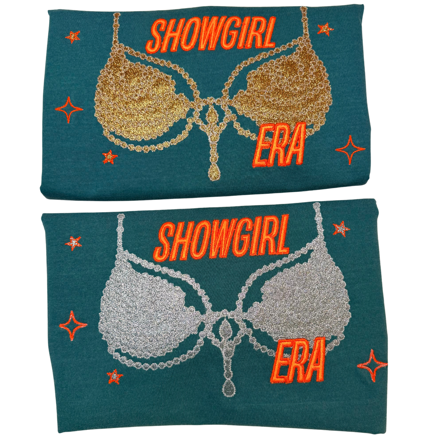 Embroidered Show girl Era Concert Crewneck T-Shirt | Comfort Color Tee with Glitter Applique | Vintage-Inspired Unisex Graphic Top (Gold Glitter,Silver Glitter)