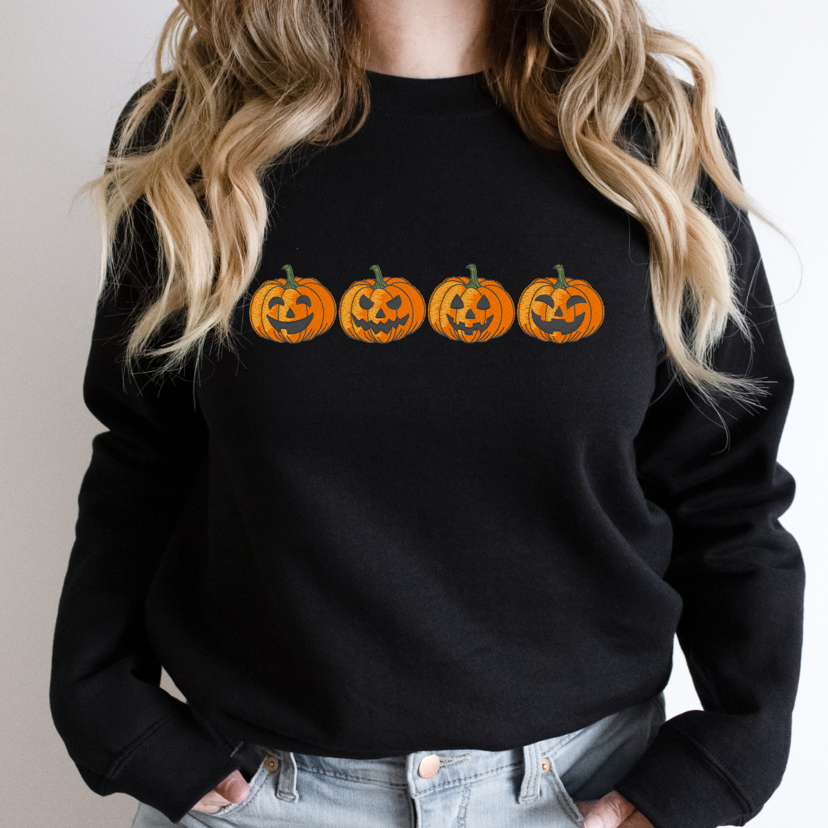 Embroidered Pumpkin Face Fall Halloween Sweatshirt – Cozy Autumn Crewneck for Women & Men