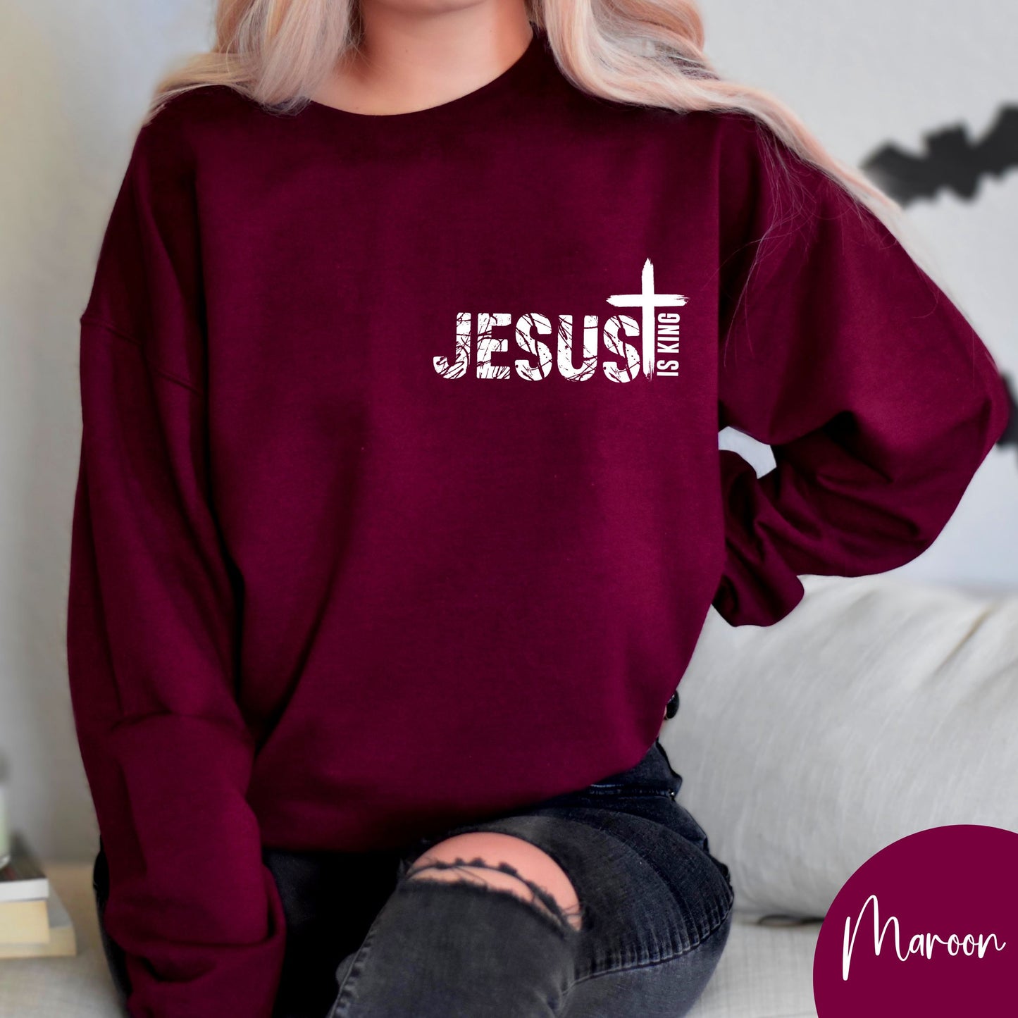 Jesus Is King Sweatshirt with Cross | Christian Faith Crewneck | Religious Apparel for Men & Women