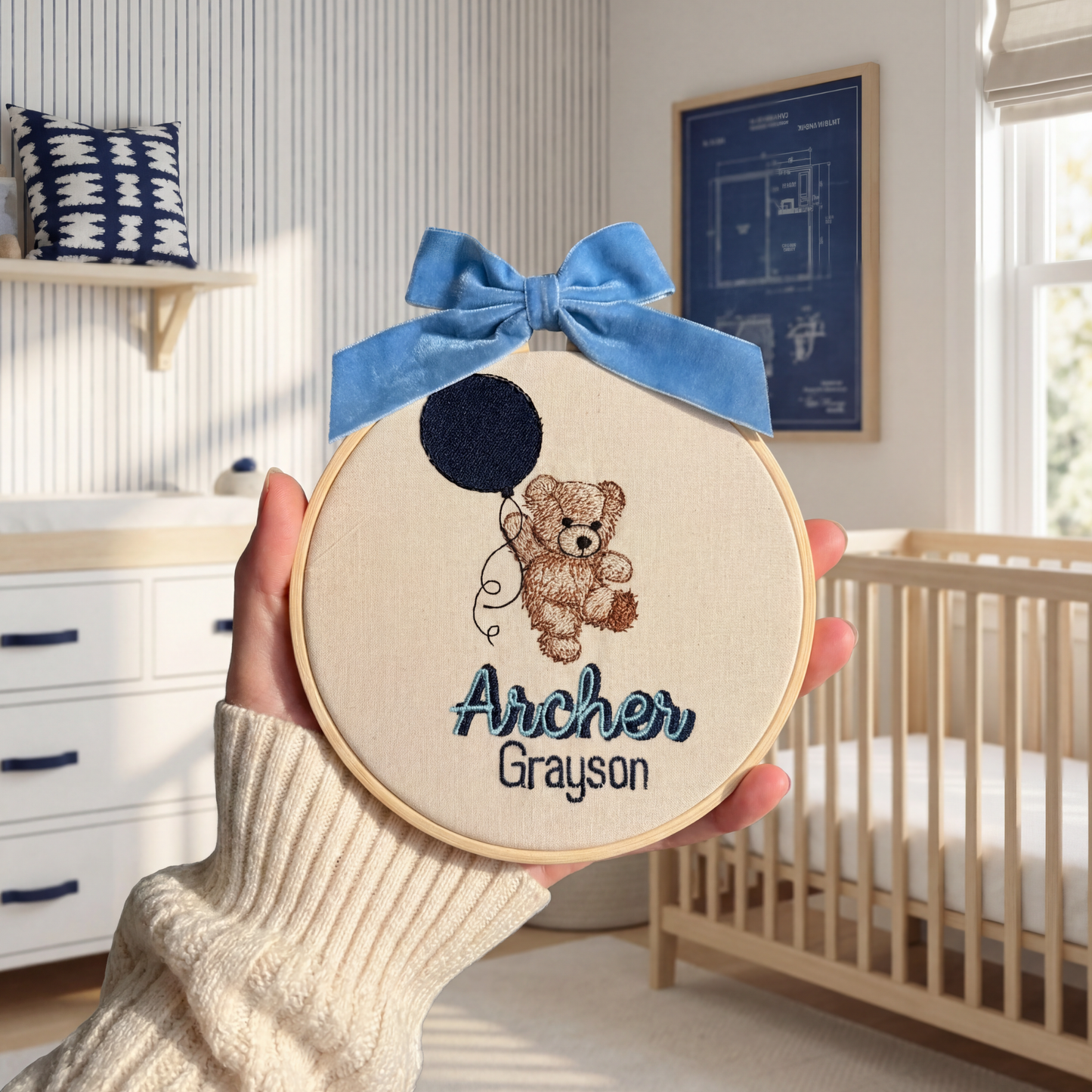 Personalized Baby Name Sign Embroidered Oval Hoop with Teddy Bear Holding a Balloon
