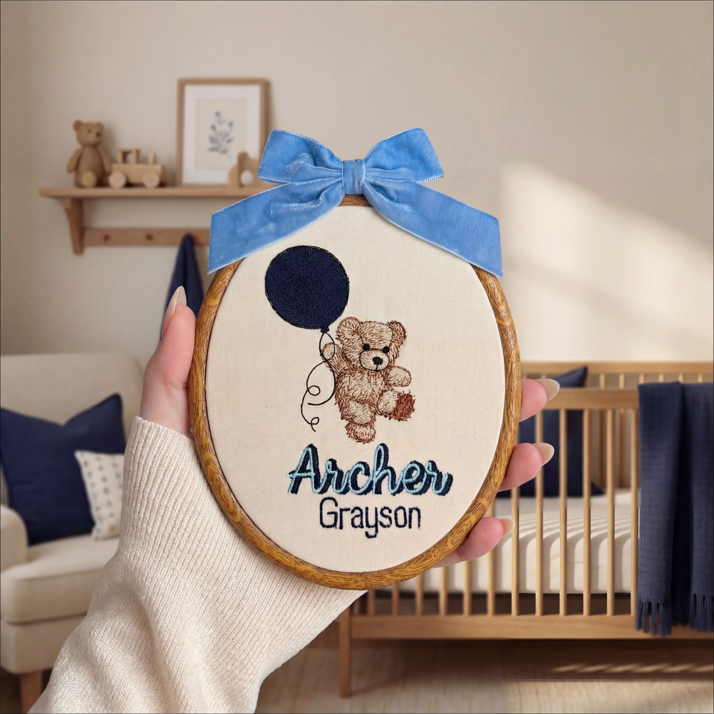 Personalized Baby Name Sign Embroidered Oval Hoop with Teddy Bear Holding a Balloon