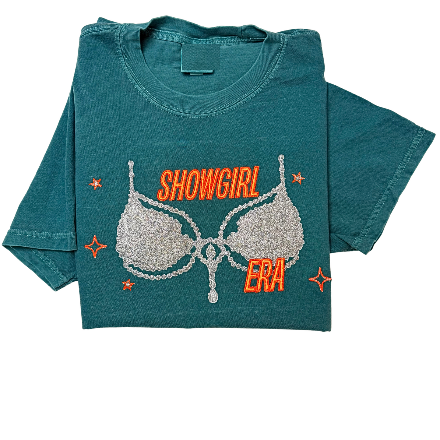 Embroidered Show girl Era Concert Crewneck T-Shirt | Comfort Color Tee with Glitter Applique | Vintage-Inspired Unisex Graphic Top (Gold Glitter,Silver Glitter)