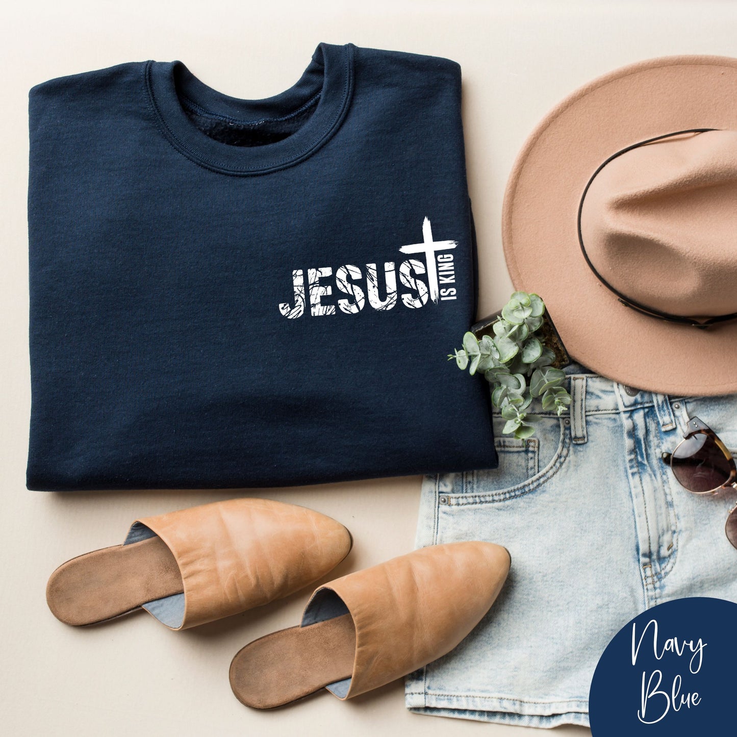 Jesus Is King Sweatshirt with Cross | Christian Faith Crewneck | Religious Apparel for Men & Women