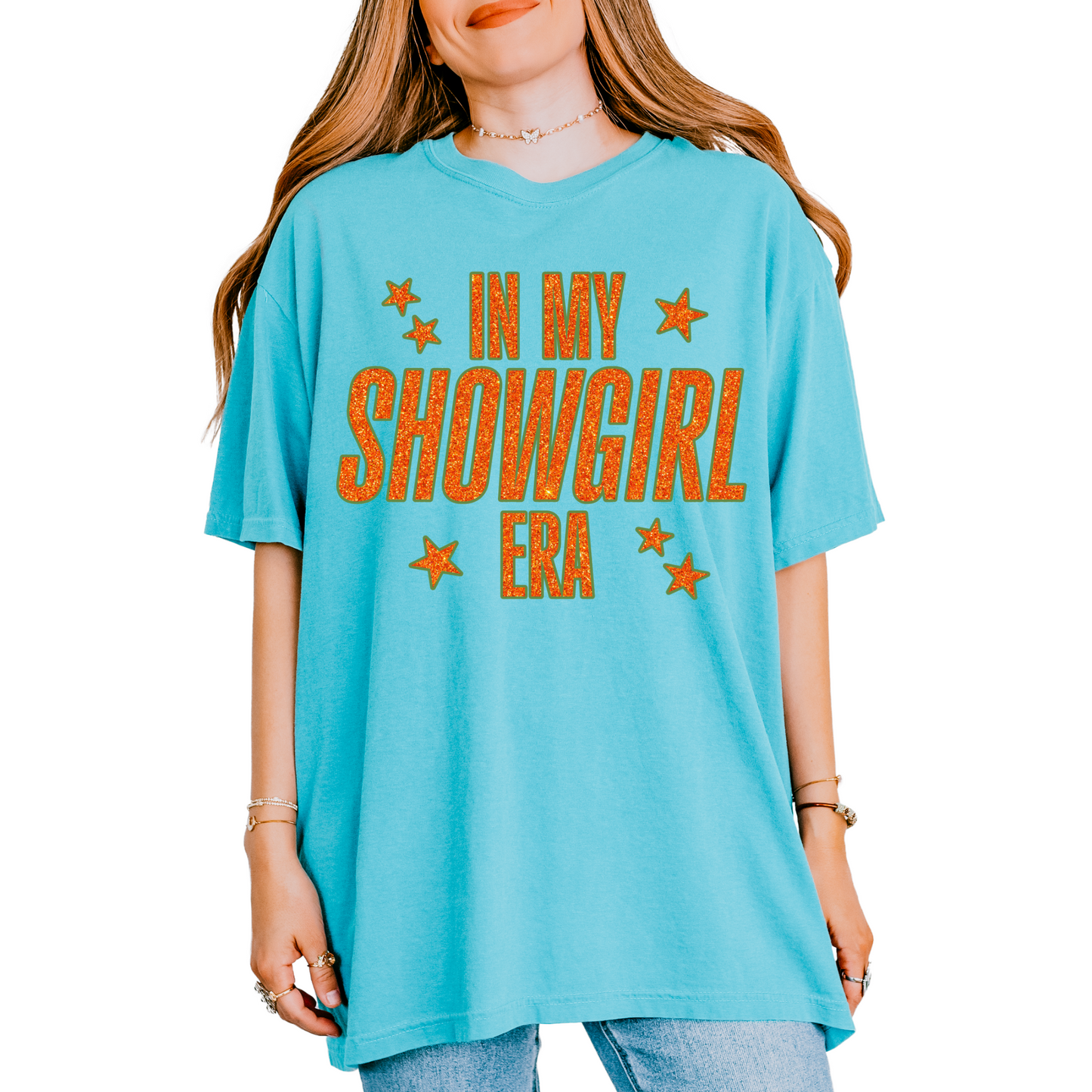 Embroidered Show girl Era Concert Crewneck T-Shirt | Comfort Color Tee with Glitter Applique | Vintage-Inspired Unisex Graphic Top (Gold Glitter,Silver Glitter)