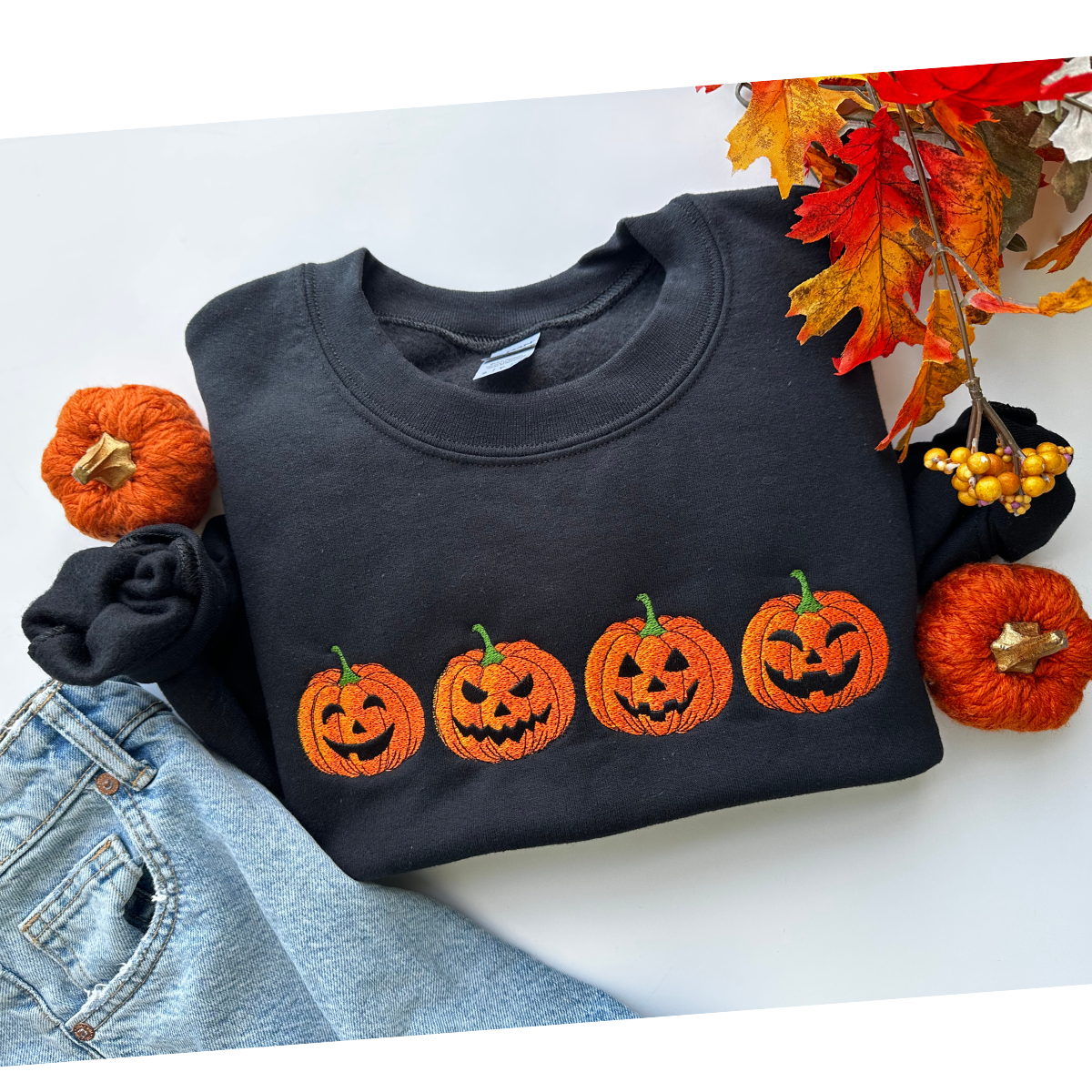 Embroidered Pumpkin Face Fall Halloween Sweatshirt – Cozy Autumn Crewneck for Women & Men