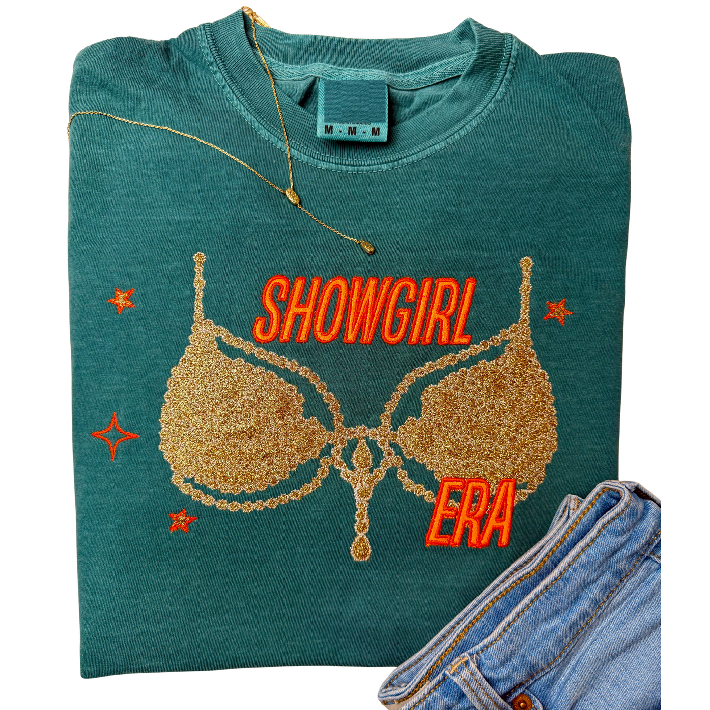 Embroidered Show girl Era Concert Crewneck T-Shirt | Comfort Color Tee with Glitter Applique | Vintage-Inspired Unisex Graphic Top (Gold Glitter,Silver Glitter)