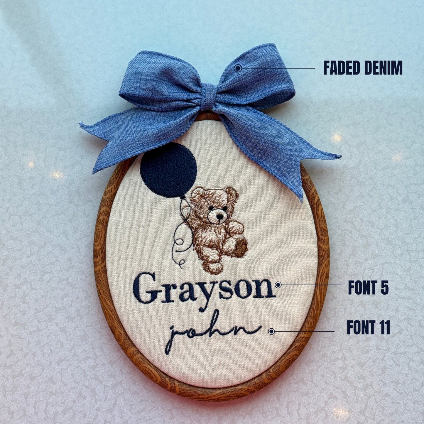 Personalized Baby Name Sign Embroidered Oval Hoop with Teddy Bear Holding a Balloon