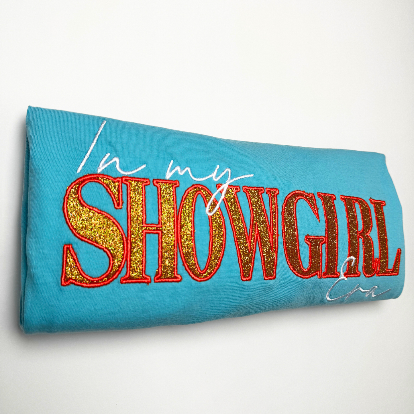 Embroidered In My Show girl Era Glittered T-Shirt, Retro Showgirl Glitter Text Embroidery, Preppy Unisex Show Girl Era Tee, Trendy Concert Crewneck Comfort Color