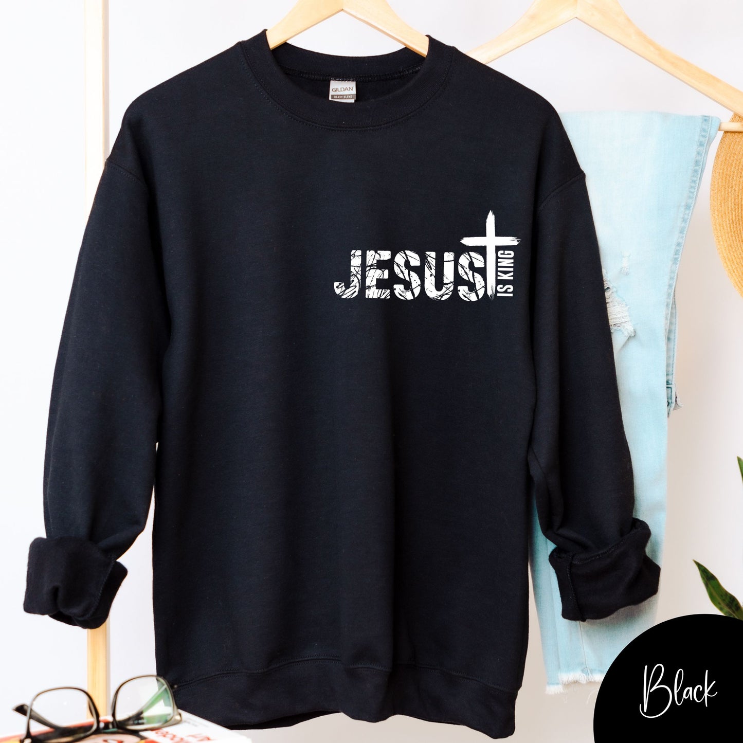 Jesus Is King Sweatshirt with Cross | Christian Faith Crewneck | Religious Apparel for Men & Women