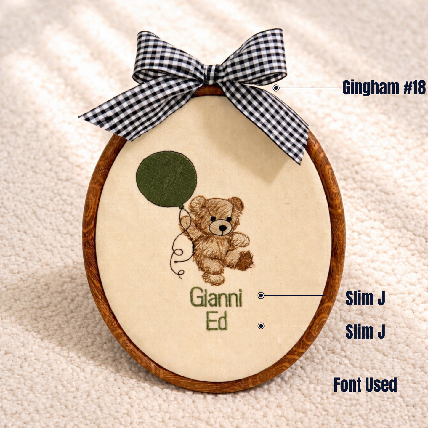 Personalized Baby Name Sign Embroidered Oval Hoop with Teddy Bear Holding a Balloon