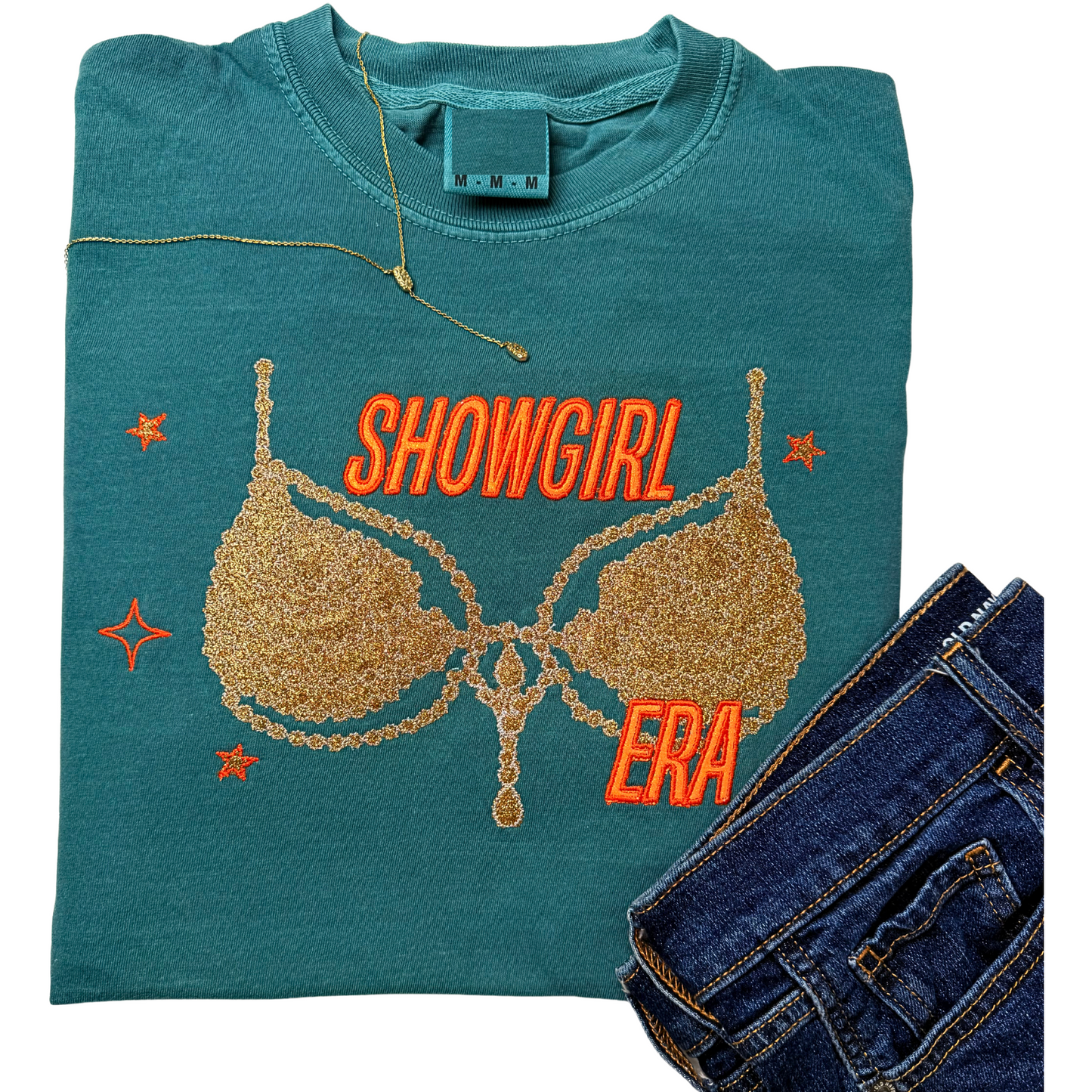 Embroidered Show girl Era Concert Crewneck T-Shirt | Comfort Color Tee with Glitter Applique | Vintage-Inspired Unisex Graphic Top (Gold Glitter,Silver Glitter)