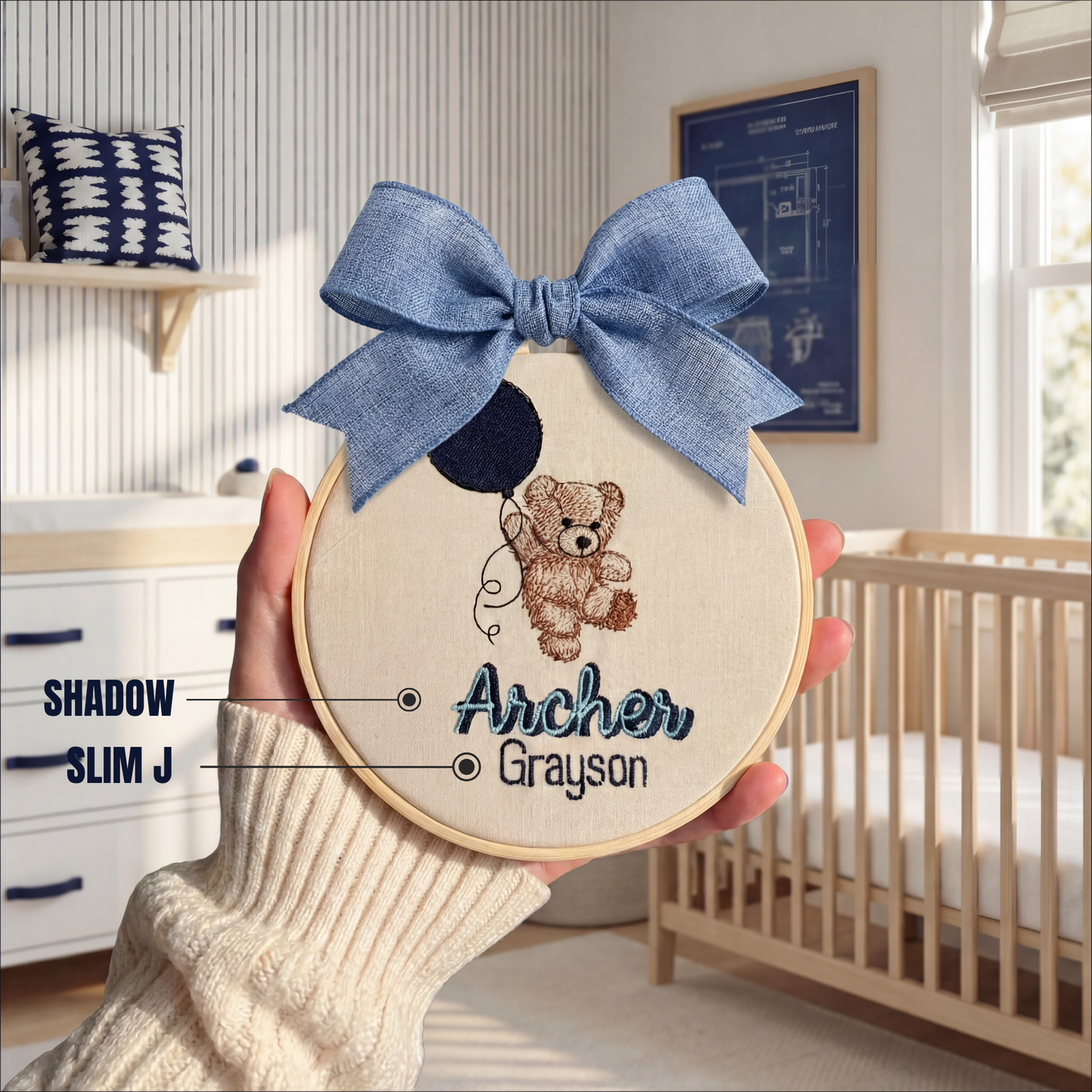 Personalized Baby Name Sign Embroidered Oval Hoop with Teddy Bear Holding a Balloon