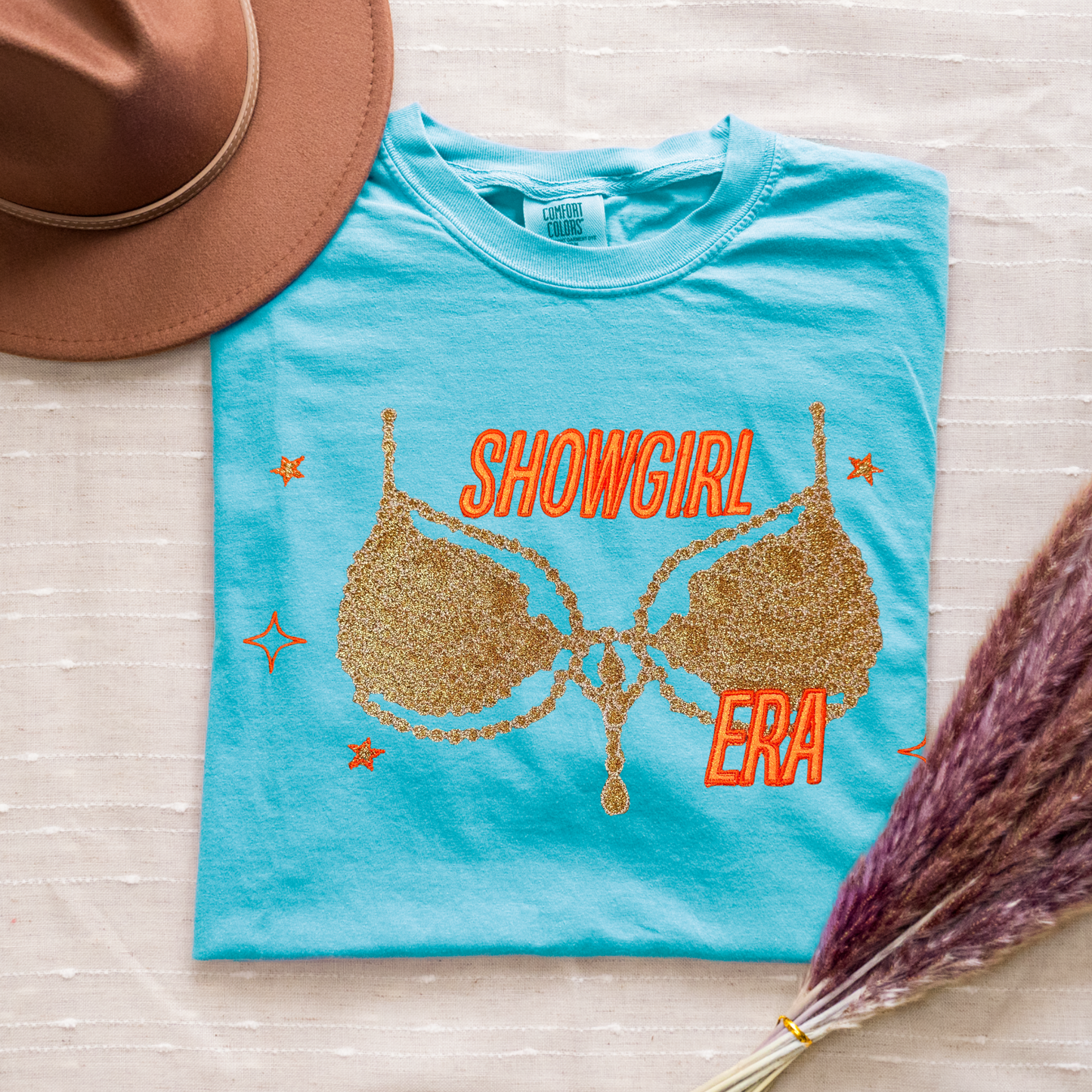 Embroidered Show girl Era Concert Crewneck T-Shirt | Comfort Color Tee with Glitter Applique | Vintage-Inspired Unisex Graphic Top (Gold Glitter,Silver Glitter)