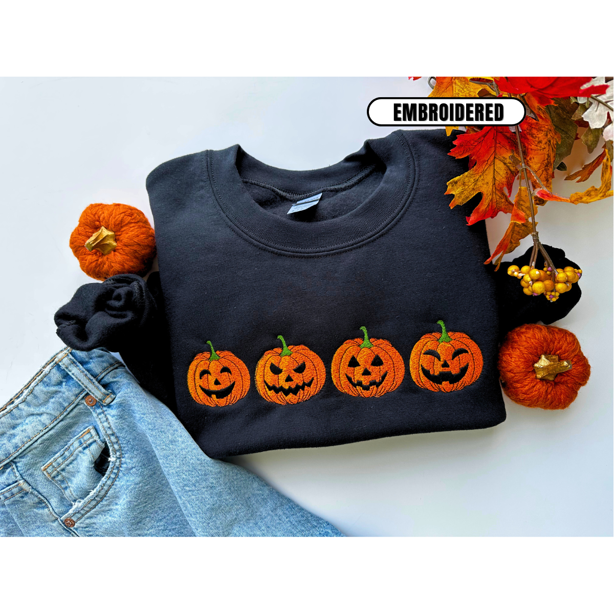 Embroidered Pumpkin Face Fall Halloween Sweatshirt – Cozy Autumn Crewneck for Women & Men