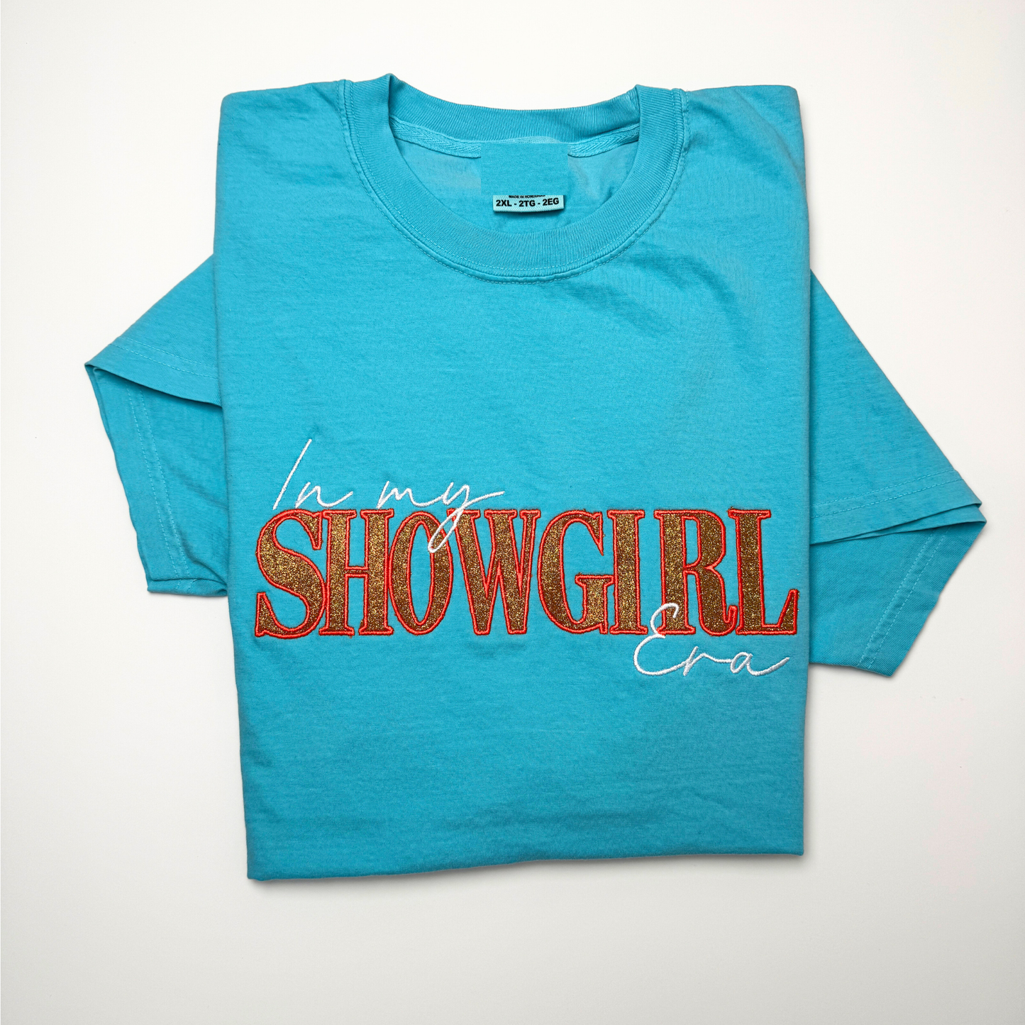 Embroidered In My Show girl Era Glittered T-Shirt, Retro Showgirl Glitter Text Embroidery, Preppy Unisex Show Girl Era Tee, Trendy Concert Crewneck Comfort Color