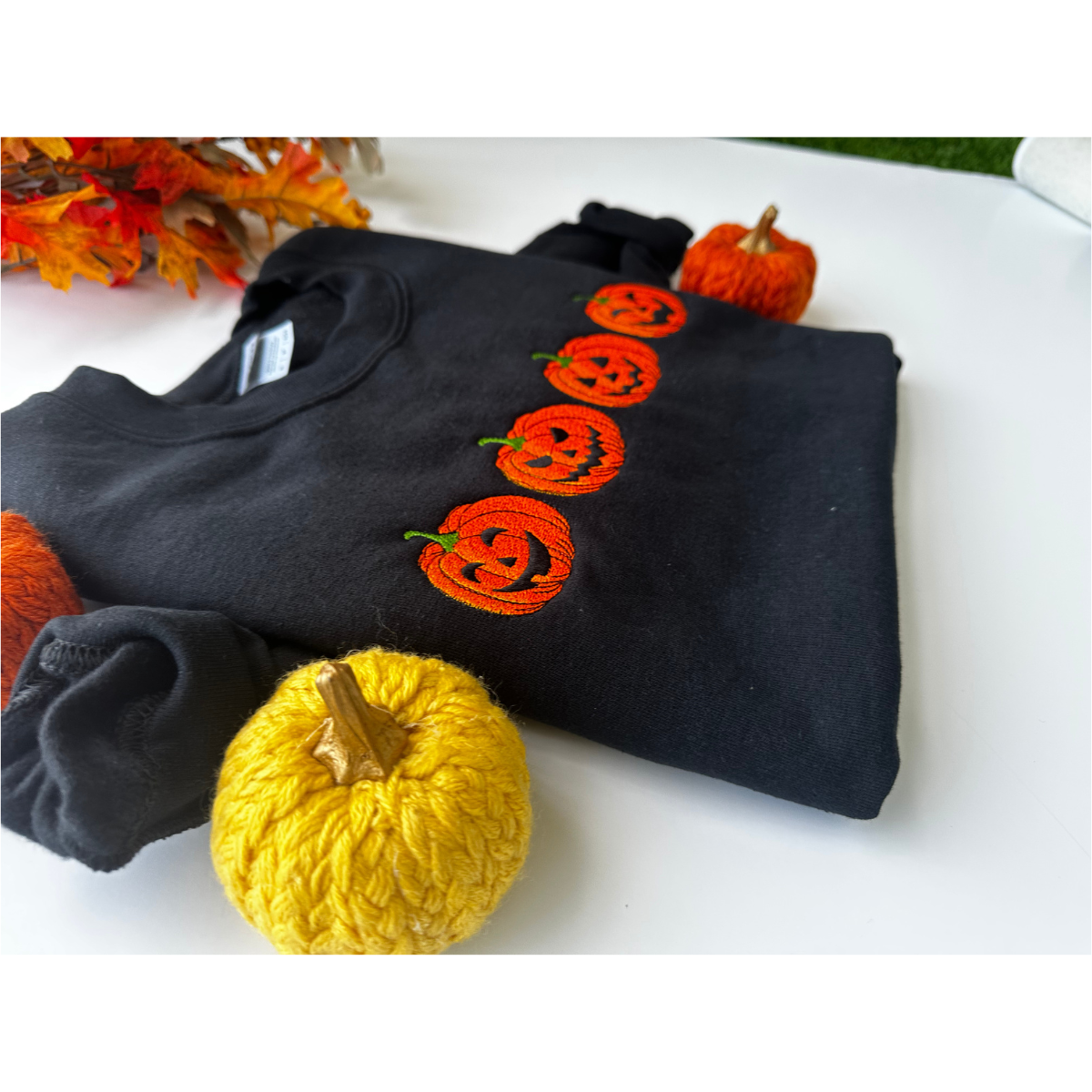 Embroidered Pumpkin Face Fall Halloween Sweatshirt – Cozy Autumn Crewneck for Women & Men