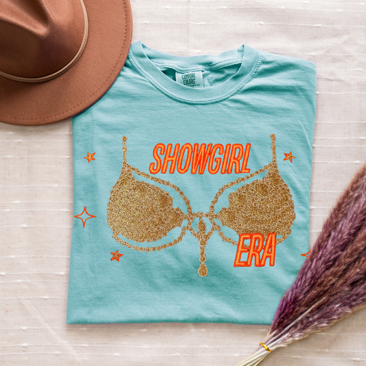 Embroidered Show girl Era Concert Crewneck T-Shirt | Comfort Color Tee with Glitter Applique | Vintage-Inspired Unisex Graphic Top (Gold Glitter,Silver Glitter)