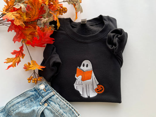 Book Reading Ghost Crewneck Embroidery Sweatshirt